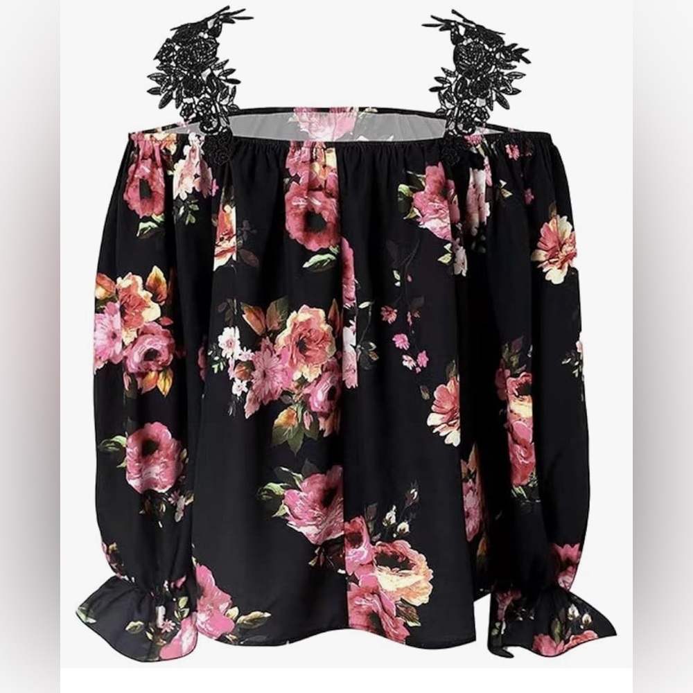 Floral Off-Shoulder Chiffon Shirt XL